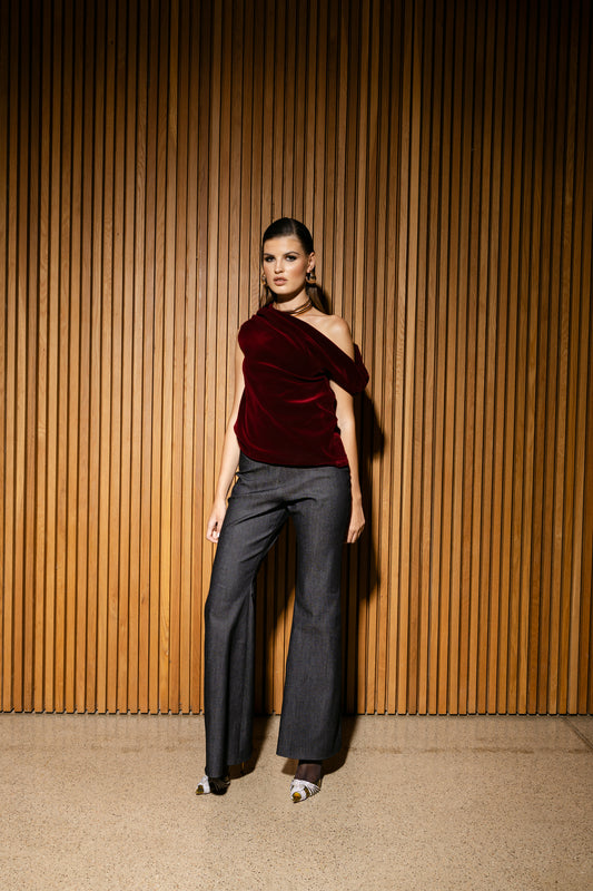 IRA by Irini Charalampous, @irathebrand online shop fashionable ready-to-wear womenswear brand  velvet top AVA and jean trousers LUNA colour ruby red high heels Cyprus Greece